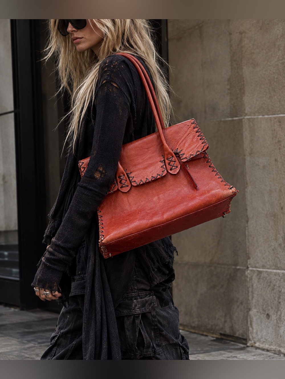 TANO New York Leather Handbag Rust Red Whipstitch Large Satchel Tote
